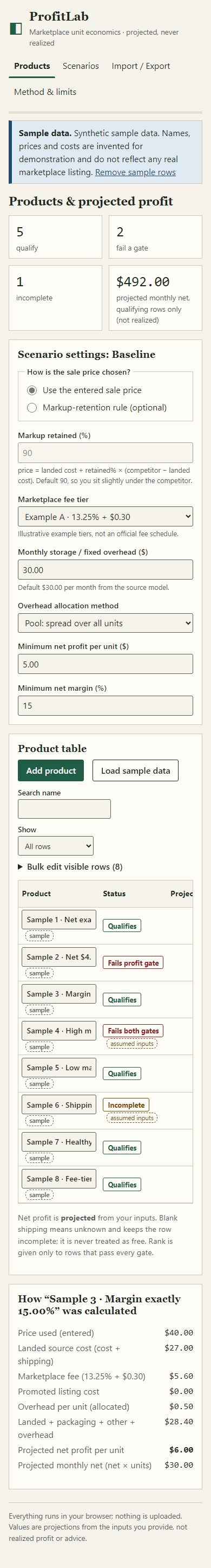 ProfitLab product list on a phone