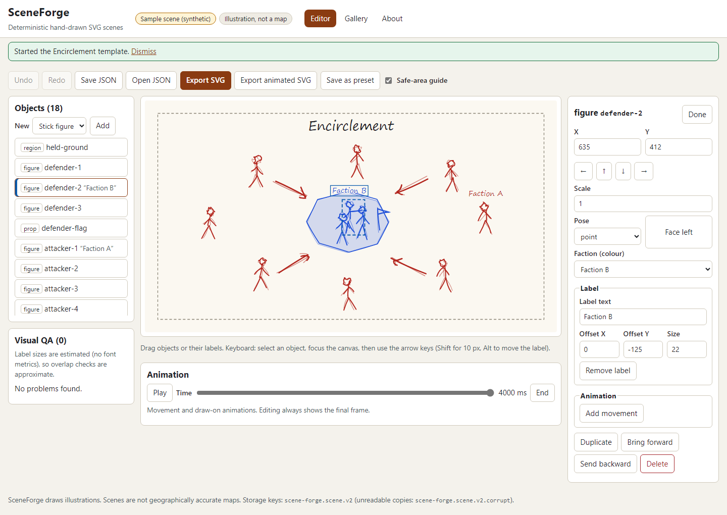 SceneForge editor with a hand-drawn scene, object list and inspector