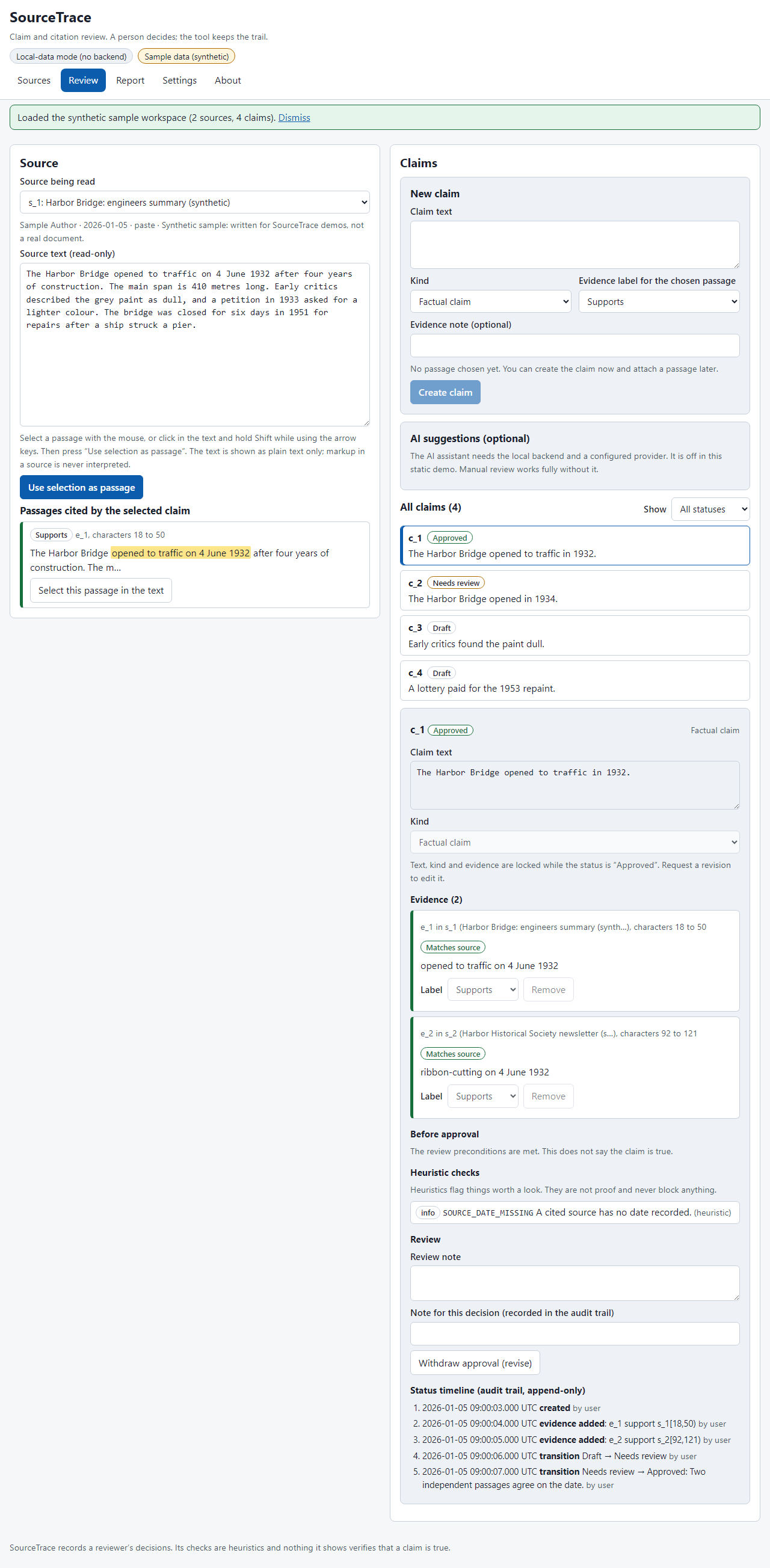 SourceTrace side-by-side review of a claim and its cited passage