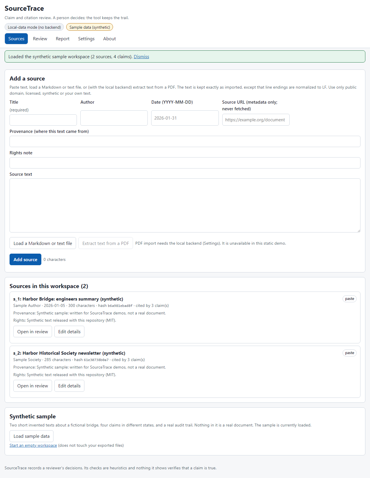 SourceTrace list of sources with provenance